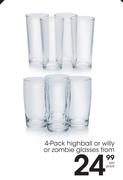 4 Pack Highball Or Willy Or Zombie Glasses-Per Pack