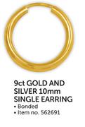 9Ct Gold And Silver 10mm Single Earring Bonded-Each