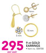 9ct Gold 4mm, 5mm, 15mm Earrings-Per Pair