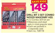 Tork Craft Drill Bit 3 Set Combo Wood Masonry HSS-Per Set