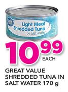 Great value Shredded Tuna In Salt Water-170g