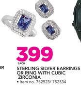Sterling Silver Earrings Or Ring With Cubic Zirconia-Each