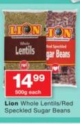 Lion Whole Lentils/Red Speckeled Sugar Beans-500g Each