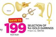 JCSA Selection Of 9ct Gold Earrings-Per pair
