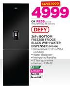 Defy 269Ltr Bottom Freezer Fridge Black With Water Dispenser DFC434