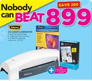 Fellowes A4 Lunar Laminator With Free HP A4 Ream And 25 Pack Glossy Pouches