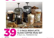 3 Piece Irish/Latte Glass Coffee Mug Set-Per Set