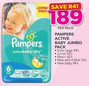 Pampers Active Baby Jumbo Pack(XL 44's/Junior 52's/Maxi+ 62's/Maxi 66's.Midi 76's Or NB 94's Pack)