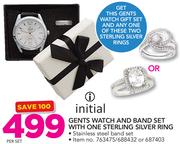 Initial Gents Watch And band Set With One Sterling Silver Ring-Per Set