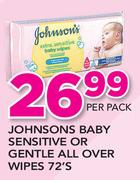 Johnsons baby Sensitive Or Gentle All Over Wipes-72's Per Pack