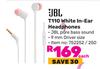 JBL T110 White In-Ear Headphones-Each
