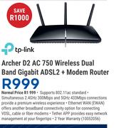 TP-Link Archer D2 AC 750 Wireless Dual Band Gigabit ADSL2 + Modem Router