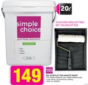 Simple Choice 20L Acrylic PVA White Paint+ Free Roller Tray