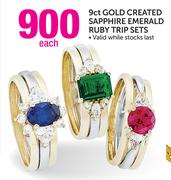 9ct Gold Created Sapphire Emerald Ruby Trip Sets-Each