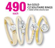 9ct Gold CZ Solitaire Rings-Each