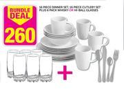 16 Piece Dinner Set, 16 Piece Cutlery Set Plus 6 Pack Whisky Or Hi-Ball Glasses