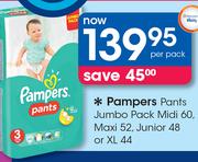 Pampers Pants Jumbo Pack Midi-60's/Maxi-52's/Junior-48's or XL-44's Pack-Per Pack