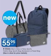 Clicks Men's Grey Or Navy Sporty Toiletry Bag, Sports Bag, Backpack Or Travel Bag-Each