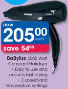 BaByliss 2000 Watt Compact Hairdryer