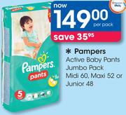 Pampers Active Baby Pants Jumbo Pack Midi 60/Maxi 52/Junior 48-Per Pack