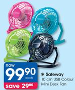 Safeway 10Cm USB Colour Mini Desk Fan-Each