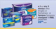 Always Ultra Singles Or Pantyliners Or Tampax Tampons-Each