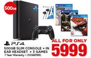 PS4 500GB Slim Console + In Ear Headset + 3 Games