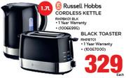 Russell Hobbs 1.7Ltr Cordless Kettle RHPBK01 BLK+ Black Toaster RHPBT01-Each
