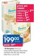 Pampers Premium Disposable Nappies Value pack(NB 88/ Mini 80/Midi 60/Maxi 52 Or Junior 44)-Per Pack