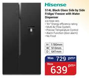 Hisense 514Ltr Black Glass Side By Side Fridge/Freezer With Water Dispenser H670SMI-WD