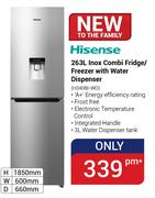 Hisense 263Ltr Inox Combi Fridge/Freezer With Water Dispenser H340BI-WD