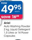 Ariel Auto Washing Powder 2Kg/Liquid Detergent 1.5Ltr Or 14 Power Capsules-Each