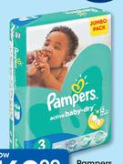Pampers Active Baby Disposable Nappies Jumbo Pack Of Mini 94, Midi 76, Maxi 66 Or Junior 52-Per Pack