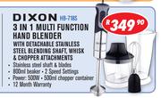 Dixon 3 In 1 Multifunction Hand Blender With Detachable Stainless Steel Blending Shaft, Whisk & Chop