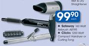 Safeway 160W Airbrush AB195+ Clicks 1200W Compact Hairdryer Or Curling Tong-Each