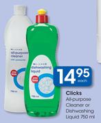 Clicks All-Purpose Cleaner Or Dishwashing Liquid-750ml Each