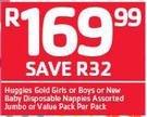 Huggies Gold Girls Or Boys Or New Bay Disposable Nappies Assorted Jumbo Or Value Pack-Per Pack