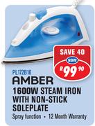 Amber 1600W Steam Iron With Non Stick Soleplate PL172B16