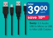 Sway 3.5 Audio USB To Micro Or USB To Mini USB Cables-Each