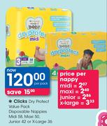 Clicks Dry Protect Value Pack Disposable Nappies (Midi 58,Maxi 50,Junior 42 Or X-Large 36)-Per Pack
