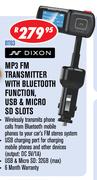 Dixon MP3 FM Transmitter With Bluetooth Function USB & Micro SD Slots BT63