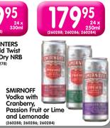 Smirnoff Vodka With Cranberry,Passion Fruit Or Lime & Lemonade-24x250ml