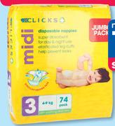 Clicks Disposable Nappies Jumbo Pack Mini 72, Midi 74, Maxi 66 Or Junior 56-Per pack
