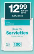 Housebrand Single Ply Serviettes-100 Per Pack