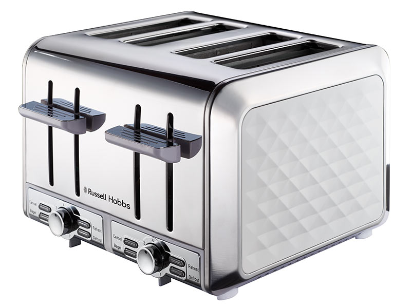 Russell Hobbs Specials September 2024 Latest Catalogues Product   Russell Hobbs RHDDT01 4 Slice Diamond Toaster White 858437 