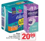 Always Ultra Or Maxi Single Sanitary Pads 8s/9s/10s Or Pantyliners 20s Pack-Each