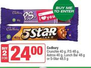 Cadbury Crunchie 40g, P.S 48g, Astros 40g, Lunch Bar 48g Or 5-Star 48.5g-For Any 2