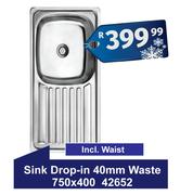 Sink Drop In 40mm Waste 750 x 400 42652