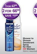 Shower To Shower Deodorant Spray For Men Or Women Assorted-For 2 x 150ml