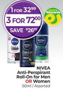 Nivea Anti Perspirant Roll On For Men Or Women Assorted-50ml